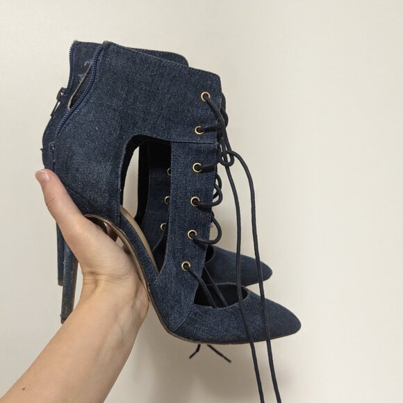 *3/$10* Shoedazzle Latie Stiletto Denim Laceup Booties Blue Size 7.5 - Picture 3 of 6